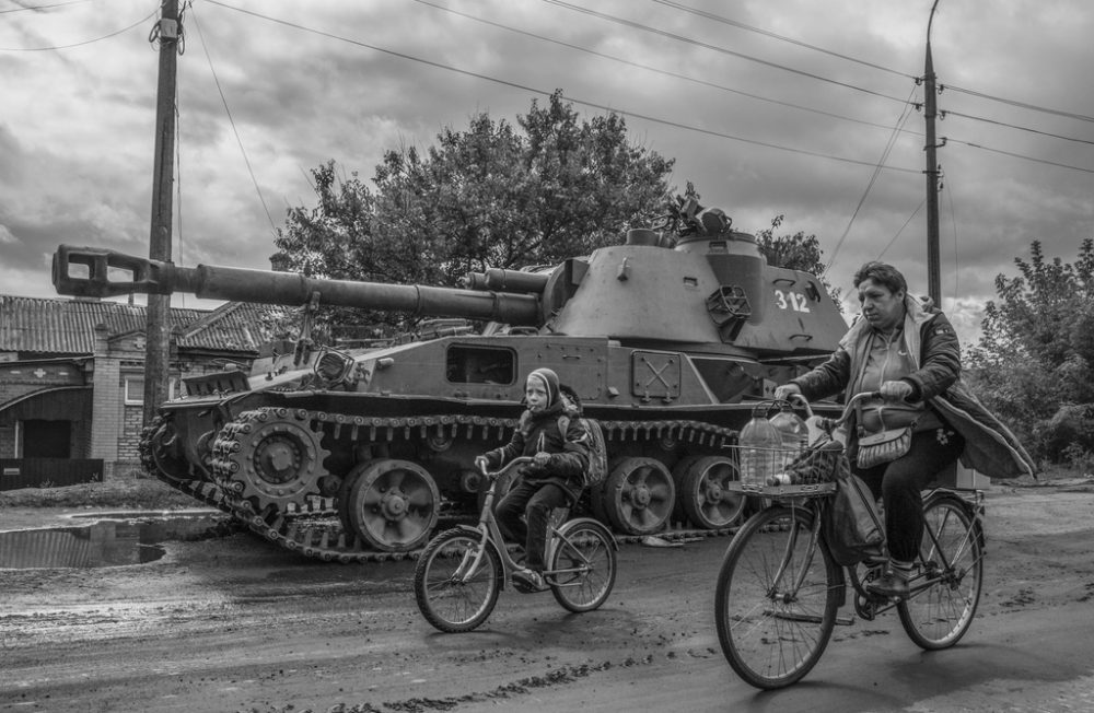 A Russian tank in the street of Izium