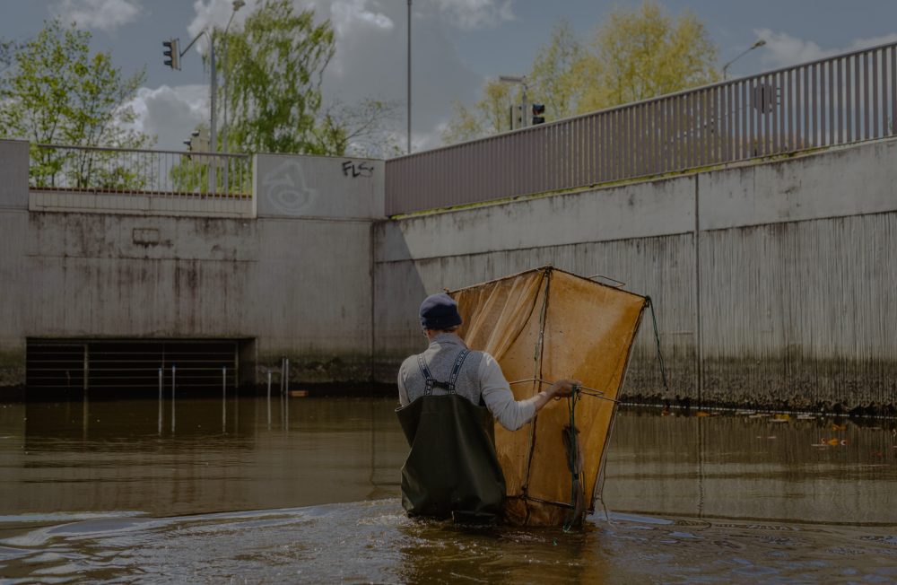 In the urban area of Rostock, a box trap is being used to capture ascending eels. After inspection, Dr. Jens Frankowski returns the box trap to its original location.